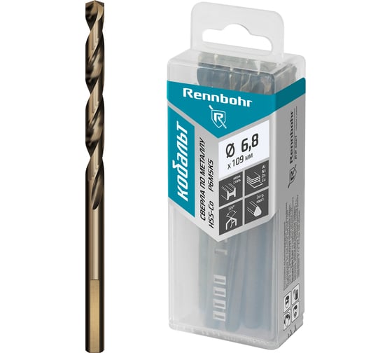 Сверло по металлу RENNBOHR COBALT PROM 3-х гр. хвост, 6.8x109 мм, HSS-Co, Р6М5К5, 10 шт/уп 671068