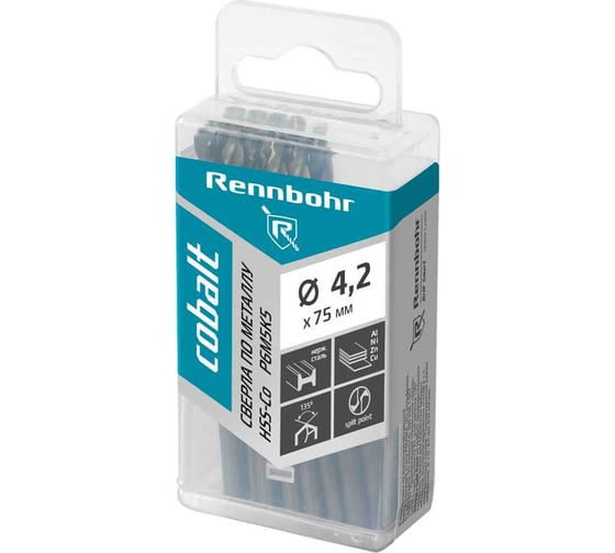 Сверло по металлу RENNBOHR COBALT PROM 4.2x75 мм, HSS-Co, Р6М5К5, 20 шт/уп 671042