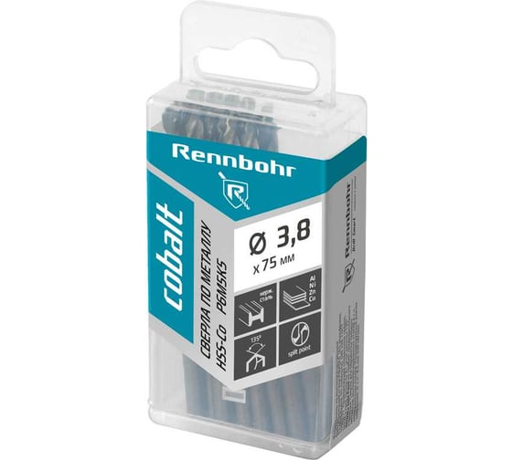 Сверло по металлу RENNBOHR COBALT PROM 3.8x75 мм, HSS-Co, Р6М5К5, 20 шт/уп 671038 1