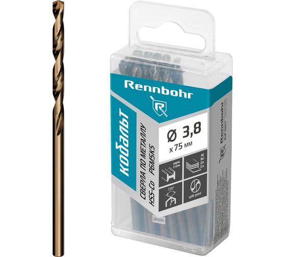 Сверло по металлу RENNBOHR COBALT PROM 3.8x75 мм, HSS-Co, Р6М5К5, 20 шт/уп 671038