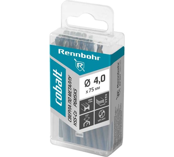 Сверло по металлу RENNBOHR COBALT PROM 4.0x75 мм, HSS-Co, Р6М5К5, 20 шт/уп 671040