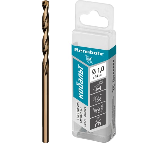 Сверло по металлу RENNBOHR COBALT PROM 1.0x34 мм, HSS-Co, Р6М5К5, 20 шт/уп 671010