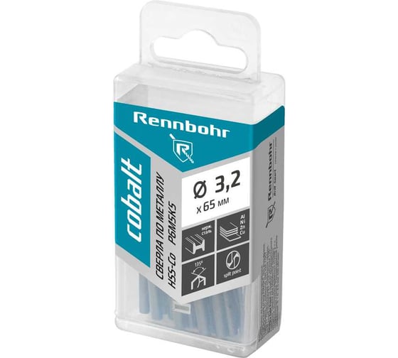 Сверло по металлу RENNBOHR COBALT PROM 3.2x65 мм, HSS-Co, Р6М5К5, 20 шт/уп 671032 1