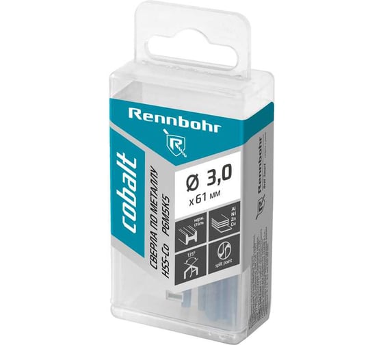 Сверло по металлу RENNBOHR COBALT PROM 3.0x61 мм, HSS-Co, Р6М5К5, 20 шт/уп 671030 1
