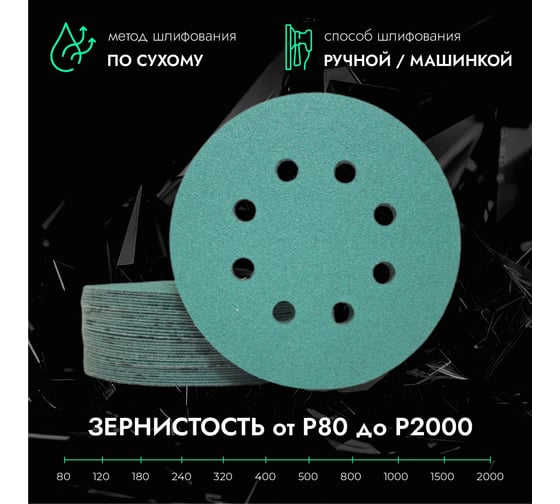 Круги шлифовальные CERAMAX GREEN FILM 125 мм, 8 отверстий, P240, 50 шт 1CRX0370