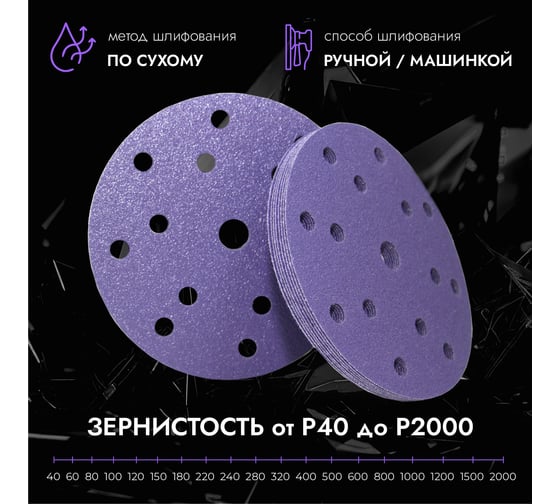Круг шлифовальный CERAMAX PURPLE FILM 150 мм, 15 отверстий, P150, 50 шт 1CRX0804