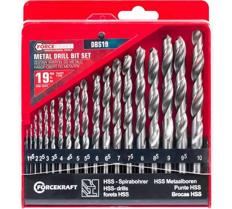 Сверла по металлу Forcekraft набор 19 предметов, 1-10мм FK-DBS19(61593)
