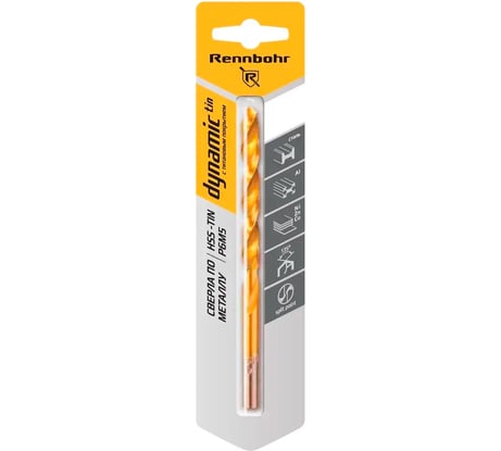Сверло по металлу Rennbohr DYNAMIC-TIN CARD 9.0x125 мм, HSS-TIN, Р6М5, 1 шт/уп 667090