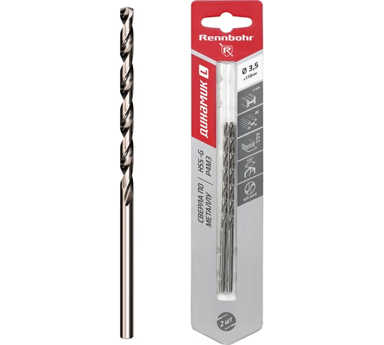 Сверло по металлу RENNBOHR DYNAMIC LONG CARD 3.5x112 мм, HSS-G, P6M5, 2шт/уп 669035