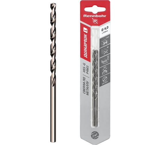 Сверло по металлу RENNBOHR DYNAMIC LONG CARD 4.0x119 мм, HSS-G, P6M5, 2шт/уп 669040