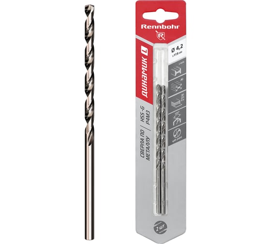 Сверло по металлу RENNBOHR DYNAMIC LONG CARD 4.2x119 мм, HSS-G, P6M5, 2шт/уп 669042