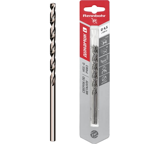 Сверло по металлу RENNBOHR DYNAMIC LONG CARD 4.5x126 мм, HSS-G, P6M5, 2шт/уп 669045