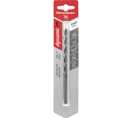 Сверло по металлу RENNBOHR DYNAMIC LONG CARD 6.0x139 мм, HSS-G, P6M5, 1шт/уп 669060
