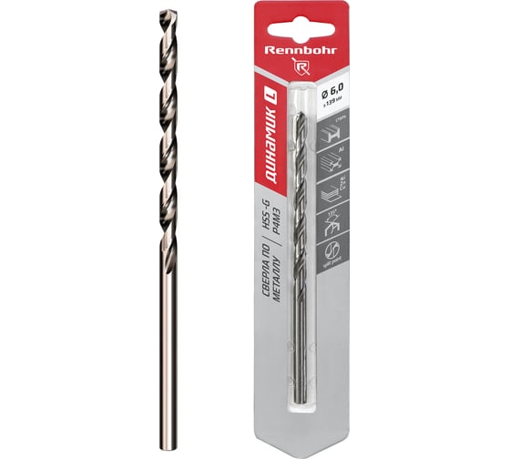 Сверло по металлу RENNBOHR DYNAMIC LONG CARD 6.0x139 мм, HSS-G, P6M5, 1шт/уп 669060