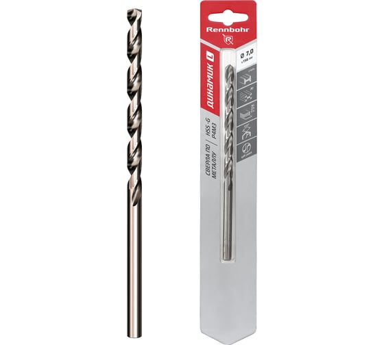 Сверло по металлу RENNBOHR DYNAMIC LONG CARD 7.0x156 мм, HSS-G, P6M5, 1шт/уп 669070