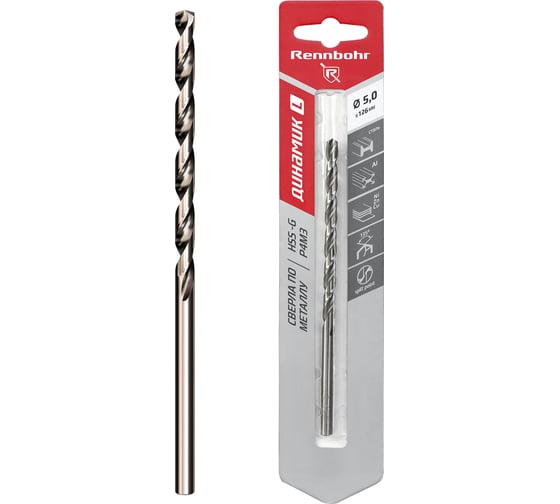 Сверло по металлу RENNBOHR DYNAMIC LONG CARD 5.0x132 мм, HSS-G, P6M5, 1шт/уп 669050