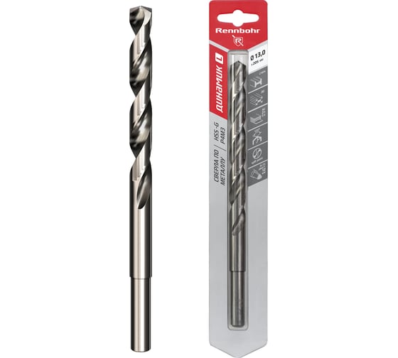Сверло по металлу RENNBOHR DYNAMIC LONG CARD 13.0x205 мм, хв-к 12 мм, HSS-G, P6M5, 1шт/уп 669130