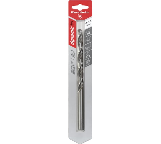 Сверло по металлу RENNBOHR DYNAMIC LONG CARD 11.5x195 мм, HSS-G, P6M5, 1шт/уп 669115 1