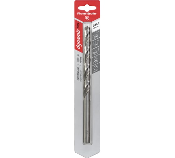 Сверло по металлу RENNBOHR DYNAMIC LONG CARD 12.0x205 мм, HSS-G, P6M5, 1шт/уп 669120 1