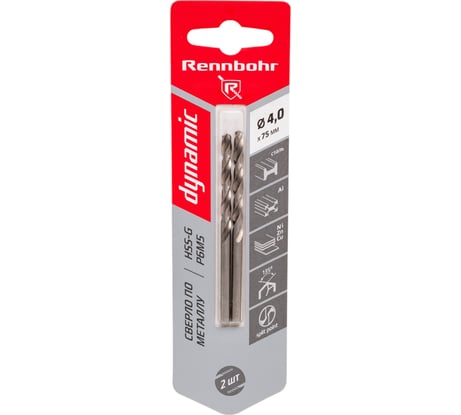 Сверло по металлу RENNBOHR DYNAMIC CARD 4.0x75 мм, HSS-G, P6M5, 2шт/уп 675040