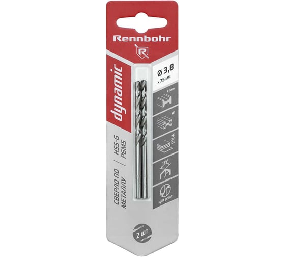Сверло по металлу RENNBOHR DYNAMIC CARD 3.8x75 мм, HSS-G, P6M5, 2шт/уп 675038