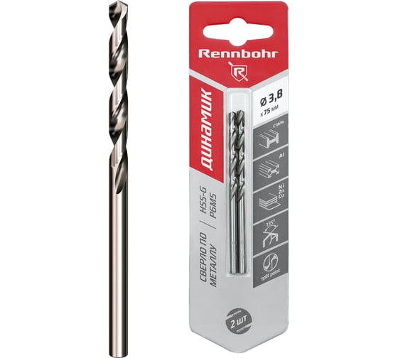 Сверло по металлу RENNBOHR DYNAMIC CARD 3.8x75 мм, HSS-G, P6M5, 2шт/уп 675038