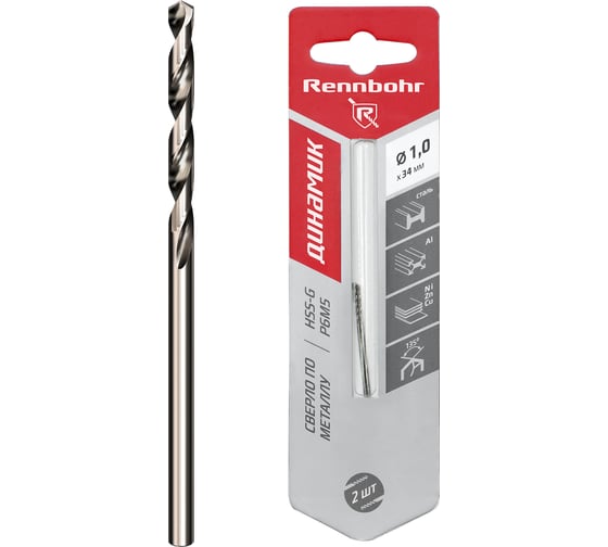 Сверло по металлу RENNBOHR DYNAMIC CARD 1.0x34 мм, HSS-G, P6M5, 2шт/уп 675010