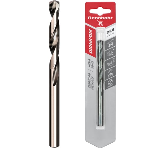 Сверло по металлу RENNBOHR DYNAMIC CARD 9.0x125 мм, HSS-G, P6M5, 1шт/уп 675090