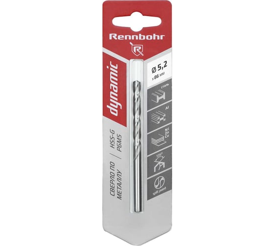 Сверло по металлу RENNBOHR DYNAMIC CARD 5.2x86 мм, HSS-G, P6M5, 1шт/уп 675052 1