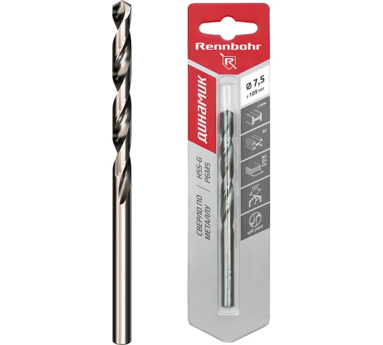 Сверло по металлу RENNBOHR DYNAMIC CARD 7.5x109 мм, HSS-G, P6M5, 1шт/уп 675075