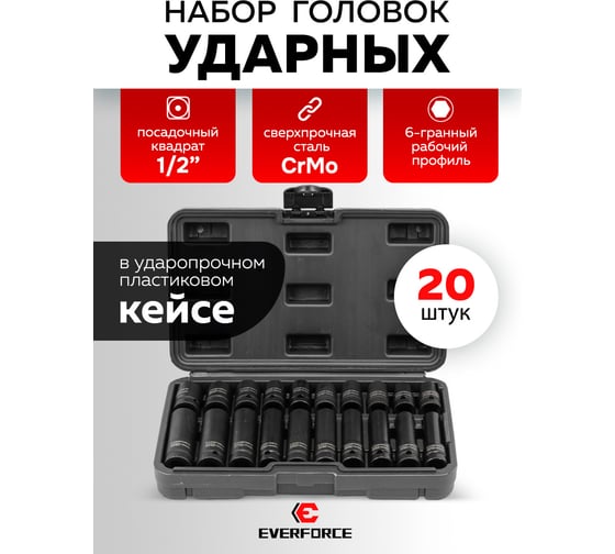 Набор головок EVERFORCE 20 предметов, 1/2", 6 граней EF-4201-5K(61685)