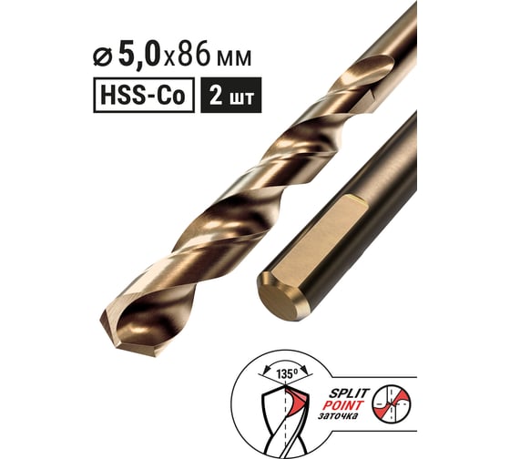 Сверло по металлу Rennbohr COBALT CARD, 3-гр. хвост., 5.0x86 мм, HSS-Co, Р6М5К5, 1шт/уп 668050 1