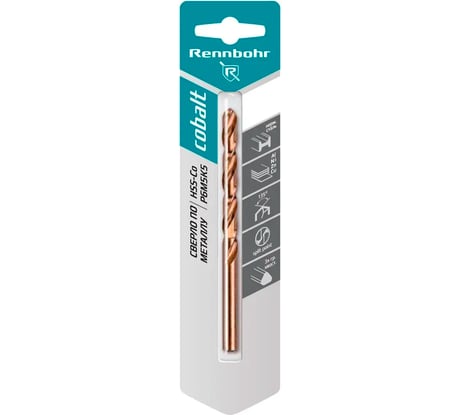 Сверло по металлу Rennbohr COBALT CARD, 3-гр. хвост., 7.0x109 мм, HSS-Co, Р6М5К5, 1шт/уп 668070
