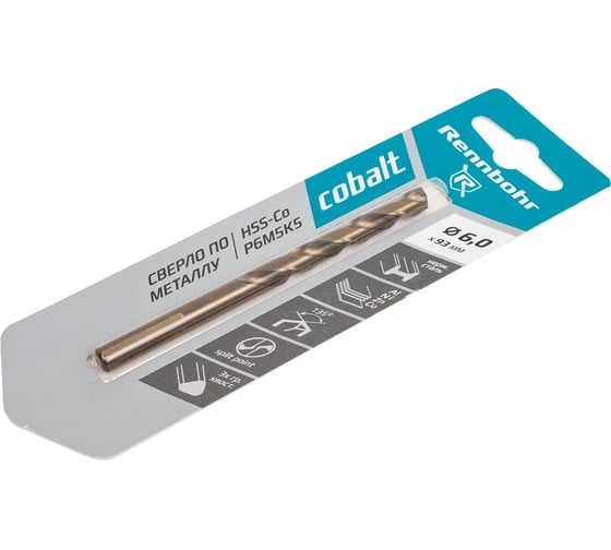 Сверло по металлу Rennbohr COBALT CARD, 3-гр. хвост., 6.0x93 мм, HSS-Co, Р6М5К5, 1шт/уп 668060