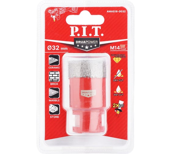 Коронка алмазная по керамограниту P.I.T. 32 мм, M14, сухое сверление, вакуумная пайка AMAS18-0032