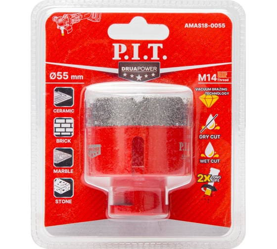 Коронка алмазная по керамограниту P.I.T. 55 мм, M14, сухое сверление, вакуумная пайка AMAS18-0055