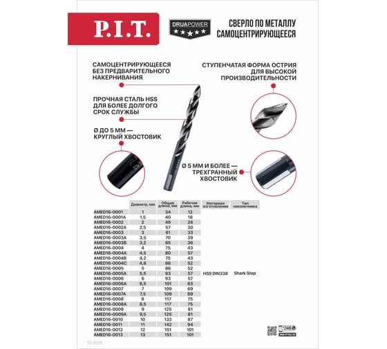 Сверло по металлу самоцентрирующееся P.I.T. серия DRUA HSS, 12х151x101 мм, SharkStep AMED16-0012