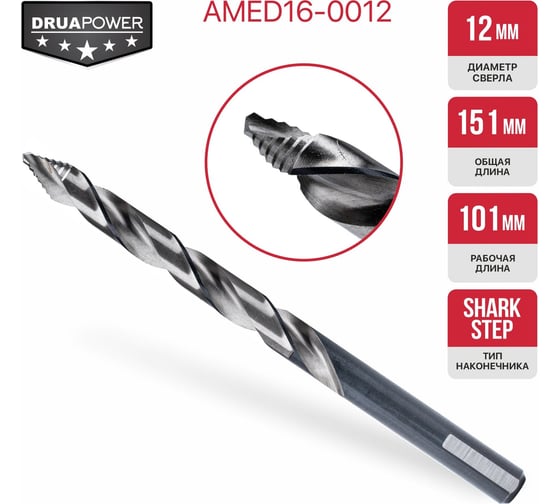 Сверло по металлу самоцентрирующееся P.I.T. серия DRUA HSS, 12х151x101 мм, SharkStep AMED16-0012