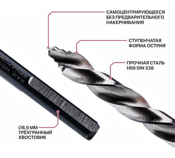 Сверло по металлу самоцентрирующееся P.I.T. серия DRUA HSS, 6.5х101x63 мм, SharkStep AMED16-0006A