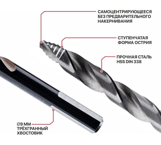Сверло по металлу самоцентрирующееся P.I.T. серия DRUA HSS, 9х125x81 мм, SharkStep AMED16-0009