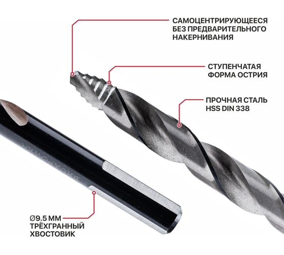 Сверло по металлу самоцентрирующееся P.I.T. серия DRUA HSS, 9.5х125x81 мм, SharkStep AMED16-0009A