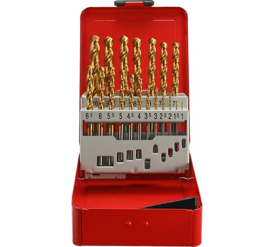 Набор сверл по металлу H-Tools серия Pro 1-10 мм, 19 шт, DIN338, HSSE-Co5 TiN, 130 градусов 215214TPRO