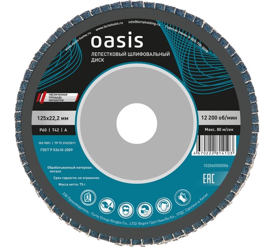 Лепестковый шлифовальный диск OASIS 125x22.2 мм, P60, 10 шт в упак 102060500006