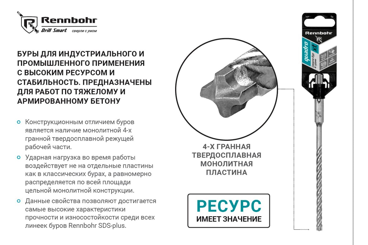 Бур RENNBOHR SDS+ Quadro XT 4 грани (монолит) 10x160 мм 521016 ...