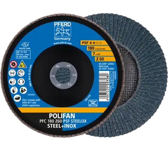 Круг шлифовальный лепестковый PFERD PFC 180 Z60 PSF STEELOX (444085) 67766185 1