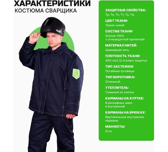 Костюм сварщика FITSIZ мужской FW022 (WW), (к+б) 2 класс защиты,100% х/б, р-48-50/182-188 FSC-W022.48-50/182-188