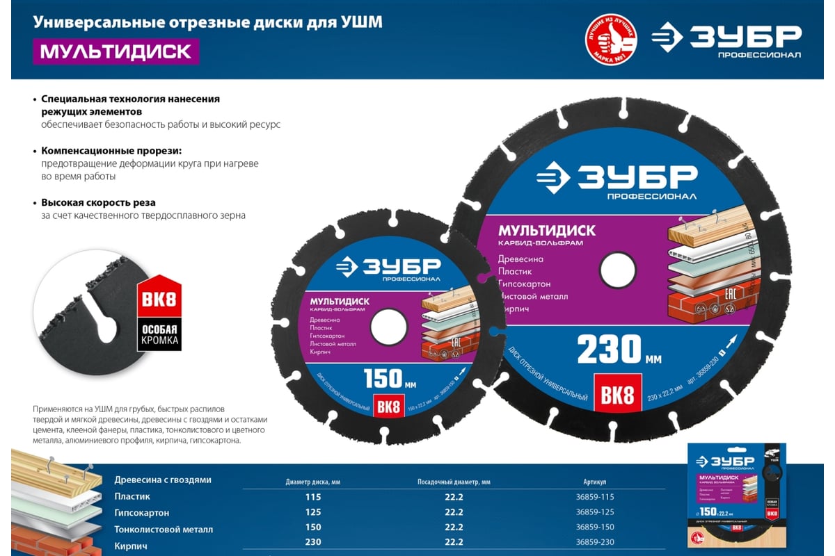 Отрезной диск ЗУБР Профессионал Мультидиск 150х22.2 мм, по дереву, для УШМ  36859-150_z01 - выгодная цена, отзывы, характеристики, фото - купить в  Москве и РФ