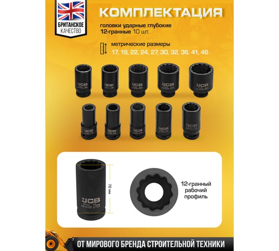 Набор головок ударных глубоких JCB 3/4", 10 предметов, 12 граней, 17,19,22,24,27,30,32,36,41,46 мм JCB-6108-9MPB(61732)