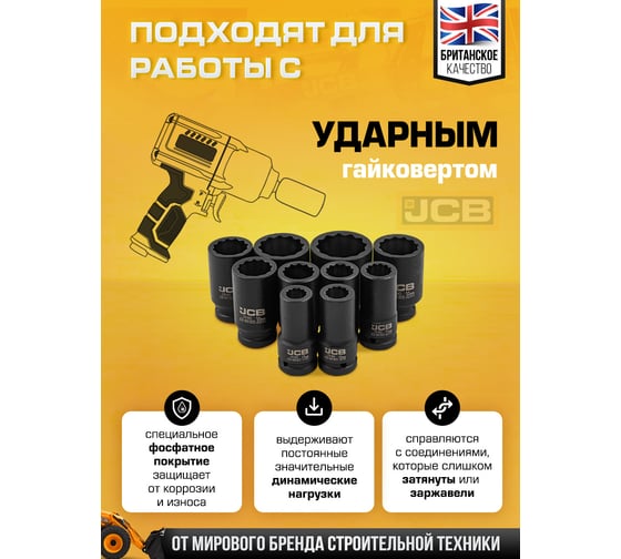 Набор головок ударных глубоких JCB 3/4", 10 предметов, 12 граней, 17,19,22,24,27,30,32,36,41,46 мм JCB-6108-9MPB(61732)