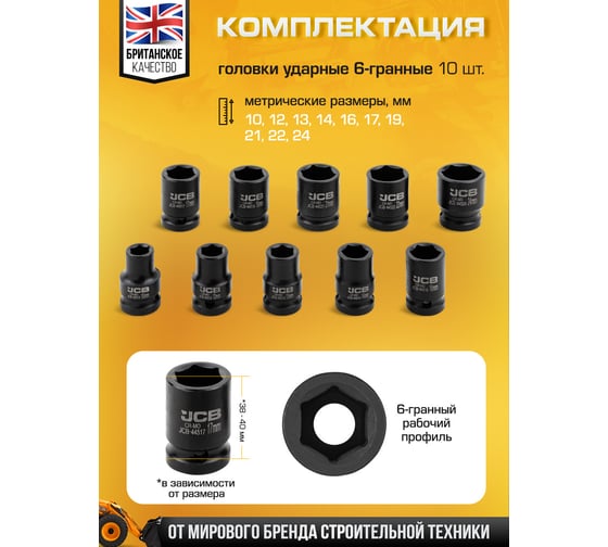 Набор головок ударных JCB 10 предметов, 1/2, 6 граней, 10,12,13,14,16,17,19,21,22,24 мм, в металл. кейсе JCB-4109-5MPB(61730)